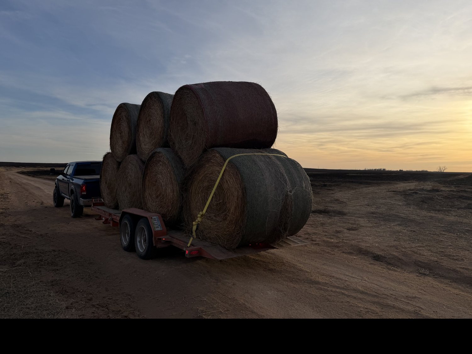 A Fuzion truck and trailer loaded with round bales at sunset on burned ground, Ranger Road Fire, February 2026